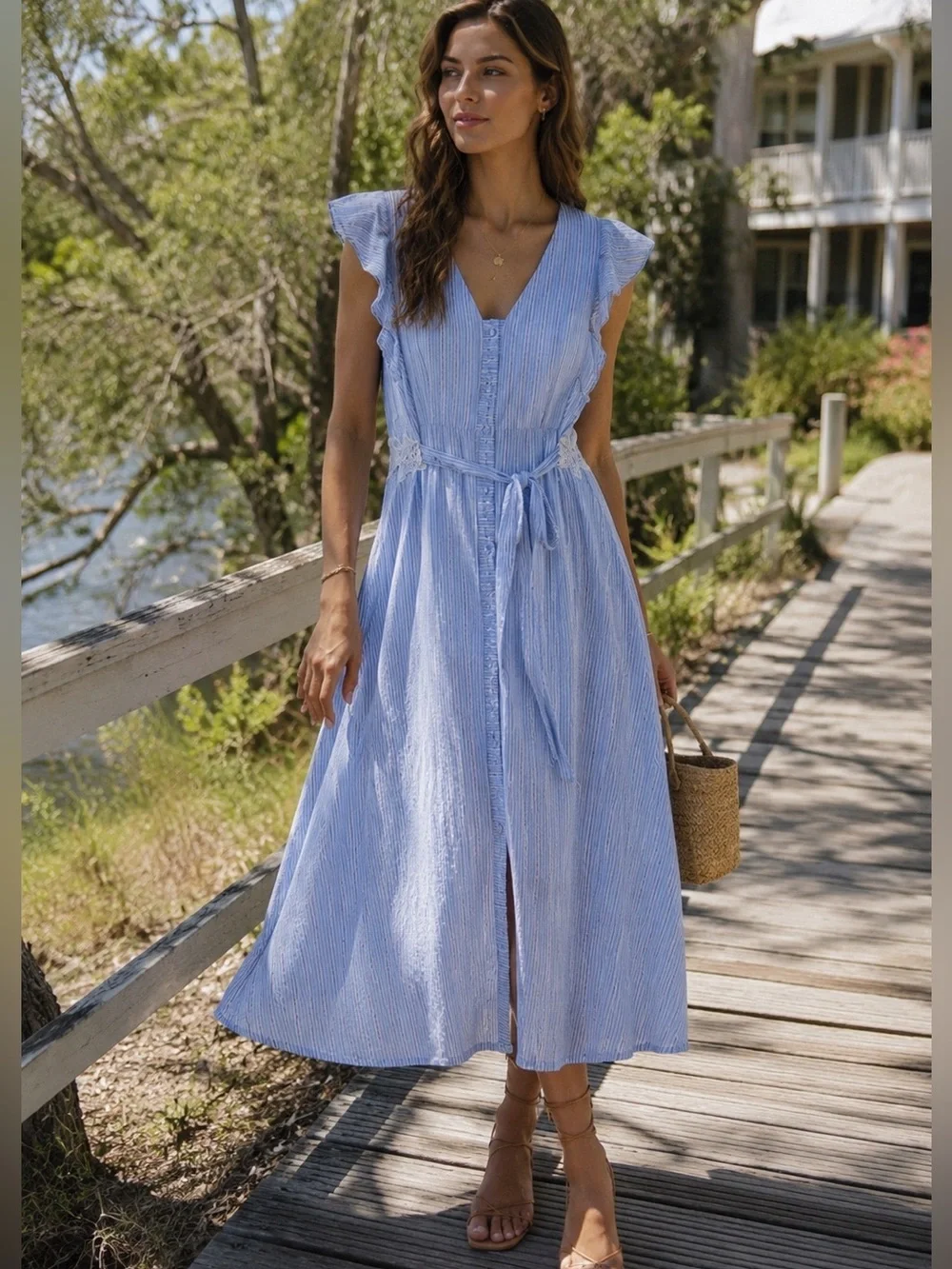 Sugar + Lip2 Blue Stripe Flutter Sleeve Midi Dress | Size S